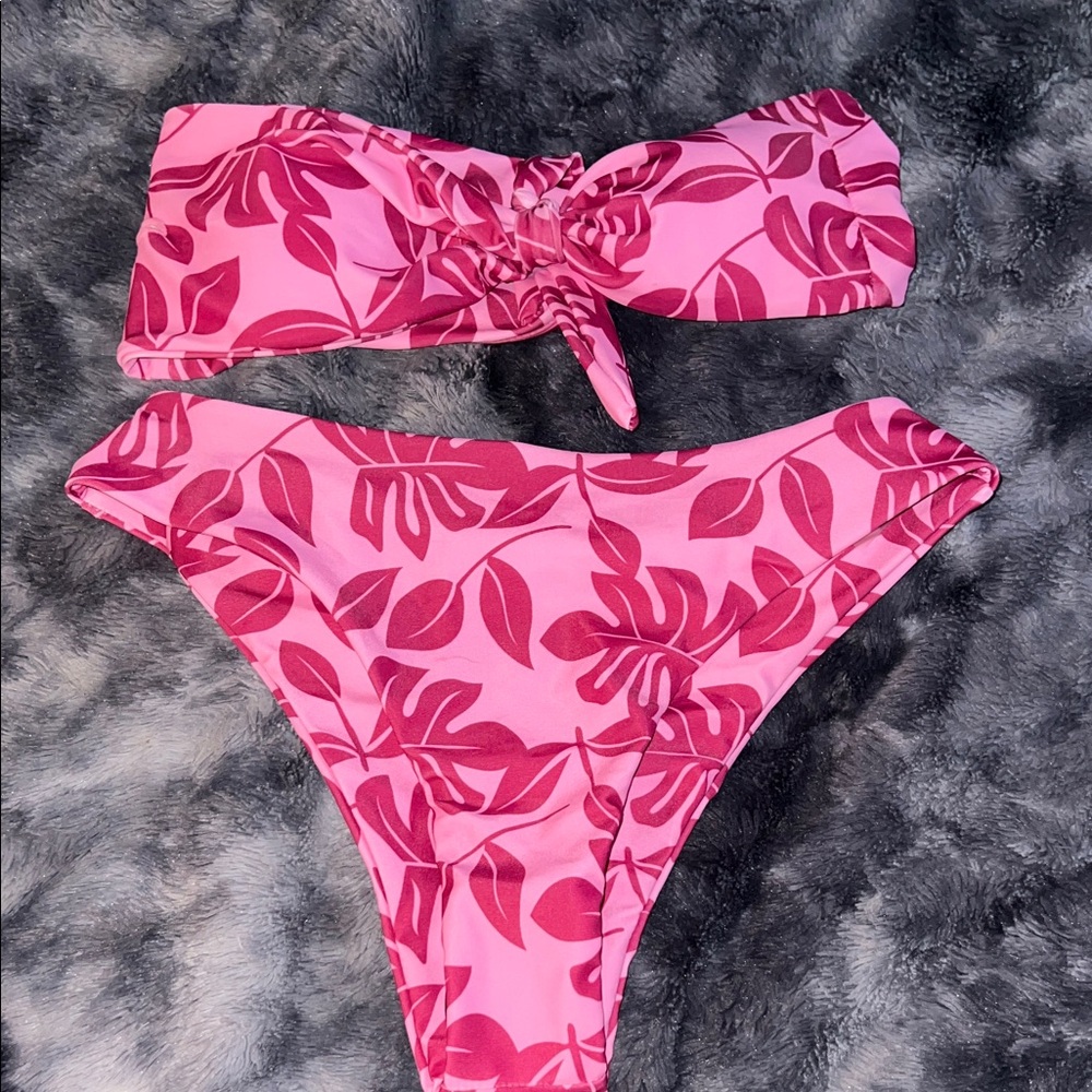 Pink Leaf Print Bikini Set